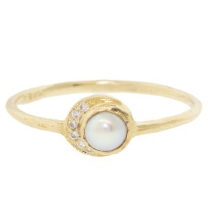 Misa Jewelry: Baby moon pearl ring, 14k yg, freshwater pearl, .03 ct white round brilliant diamonds, size 6