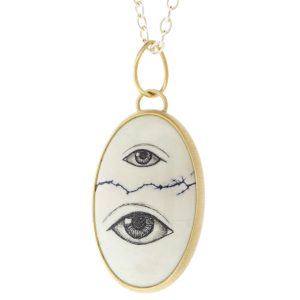 Hannah Blount : Variscite Lover's Eye Scrimshaw Necklace, 15ct, India Ink, SS, 14K Gold, 32"