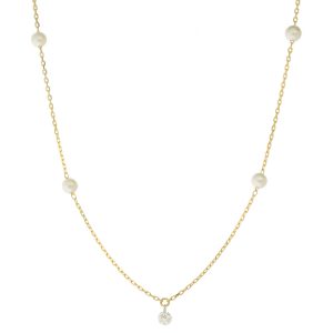 Mizuki: 14K Necklace, Akoya pearl round diamond drop, .08ct, 16"