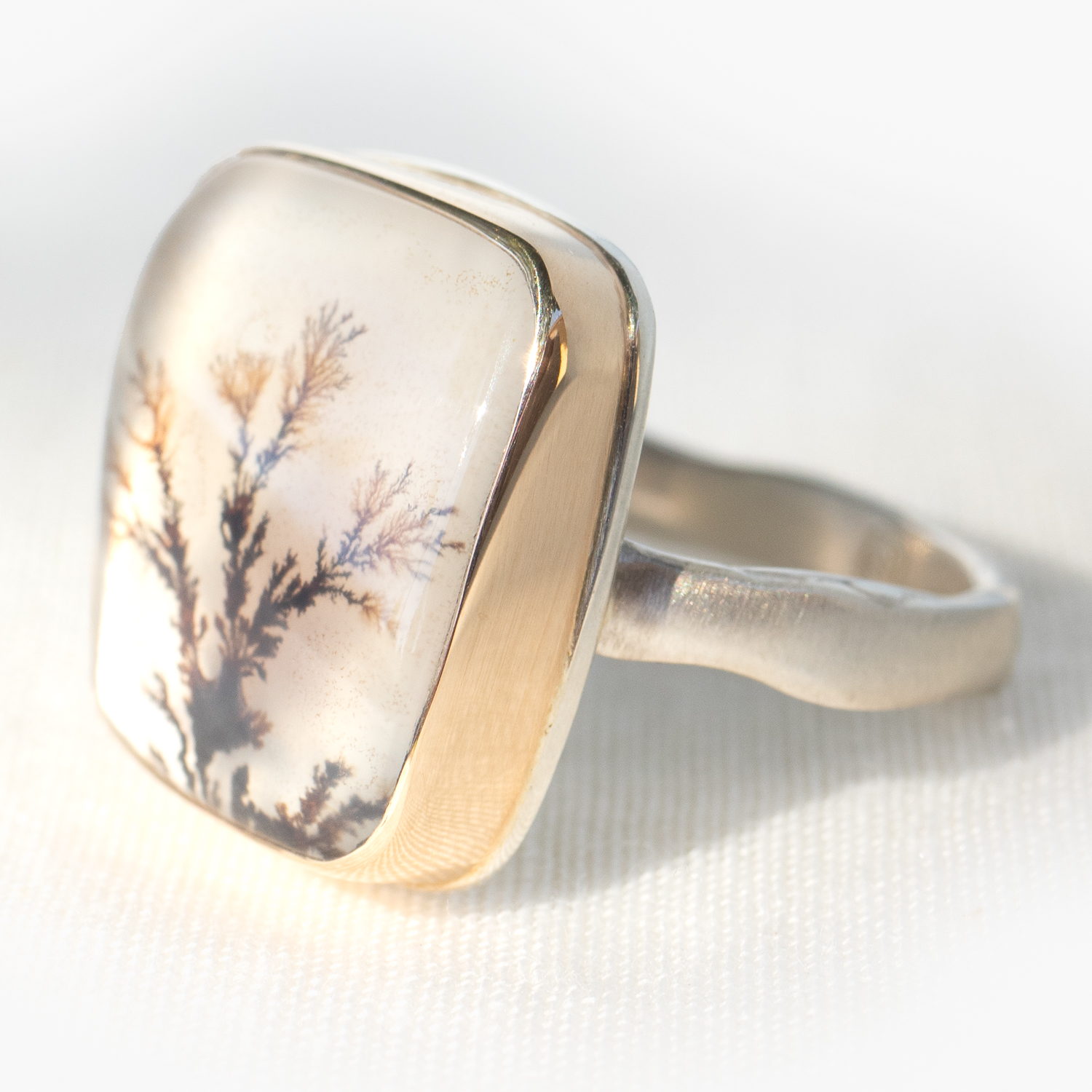 Jamie Joseph: SS, 14K Gold, Small Vertical Rectangular Dendritic Agate, Eroded Live Edge Band