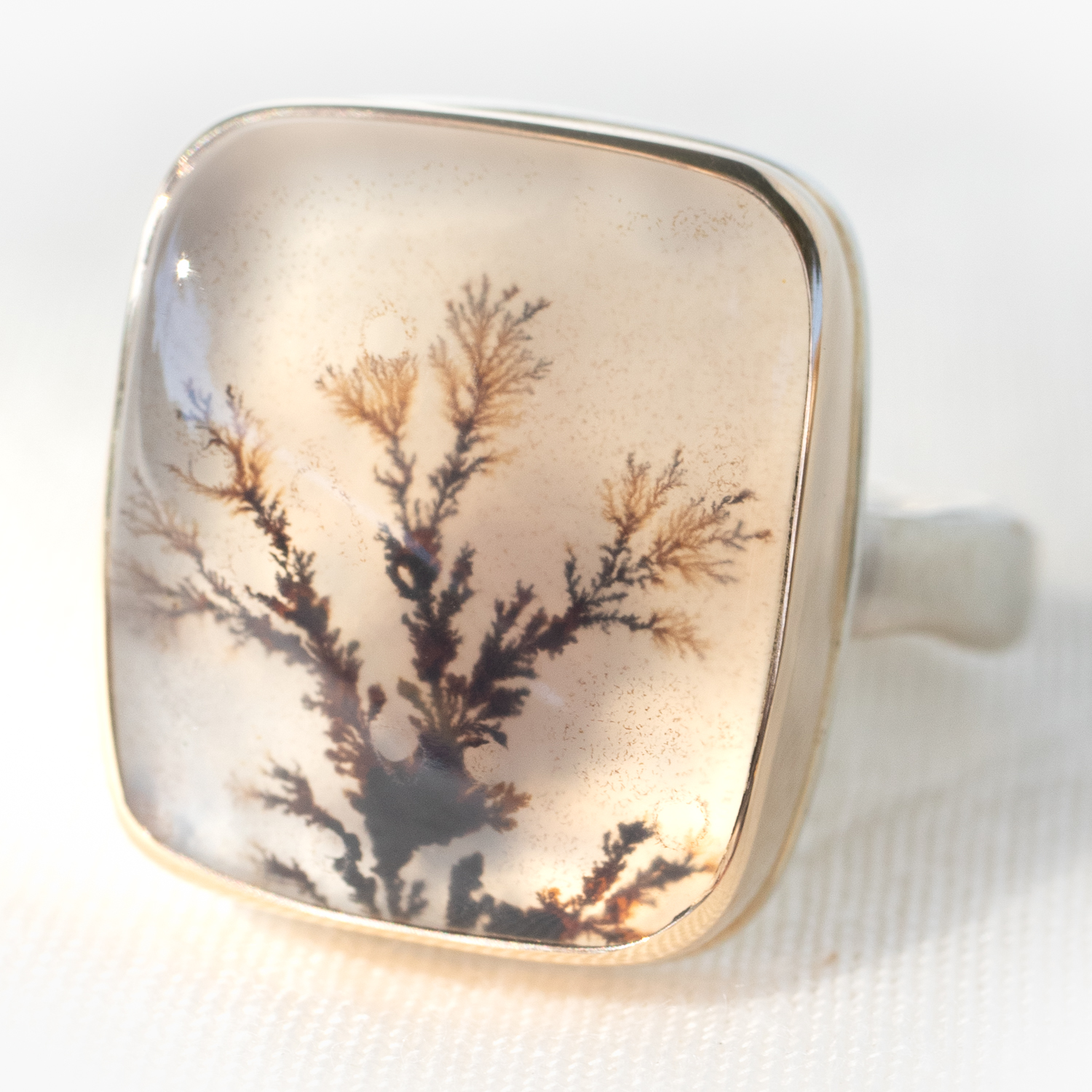 Jamie Joseph: SS, 14K Gold, Small Vertical Rectangular Dendritic Agate, Eroded Live Edge Band