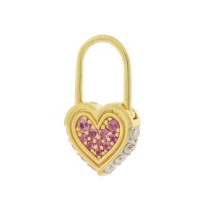 Three Stories Jewelry: SINGLE Unlock Love Heart Lock Hoop Earring, 14kyg, .27tcw pink sapphires, .14 tcw diamonds