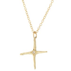 Robin Haley: Necklace, 14k yg delicate hammered diamond cross, 16", .005 tcw