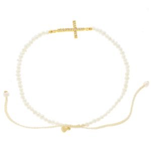 Tai: Bracelet, Fresh Water Seed Pearls with CZ Cross