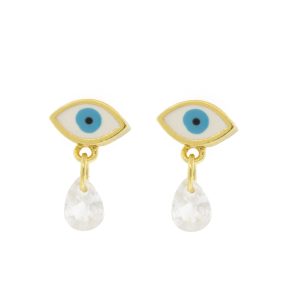 Tai: Earring, Small Tear Shaped Enamel Evil Eye with Floating CZ Post