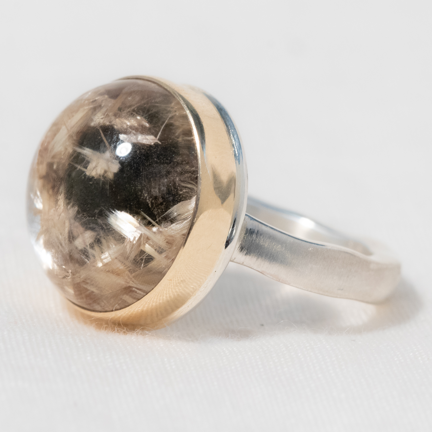 Jamie Joseph: Sterling & 14K Gold Ring w/ Round Smooth GOLDEN RUTILATED QUARTZ on Soft Live Edge Band