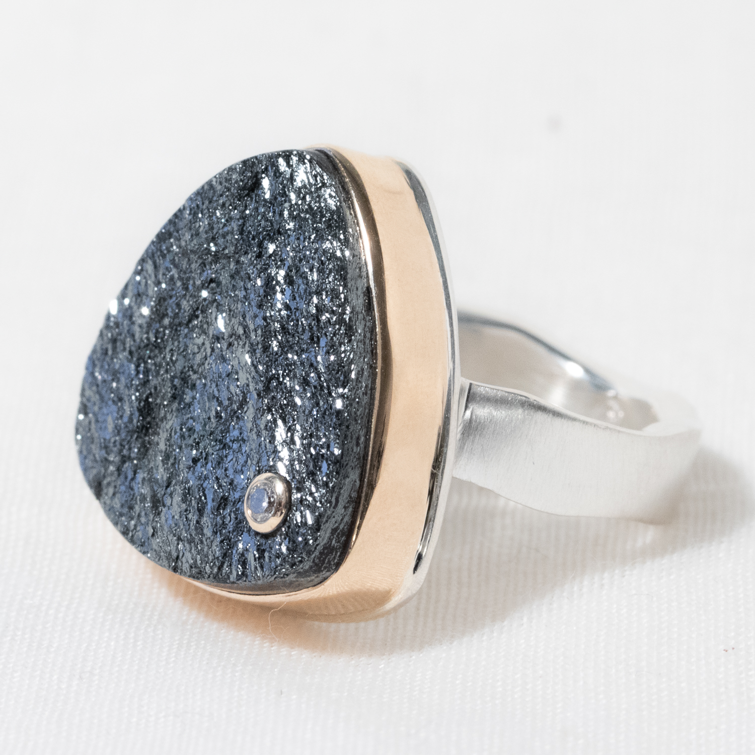 Jamie Joseph: Sterling & 14K Gold Ring w/ Triangular Surface Cut HEMATITE & .03 ct Diamond on Live Edge Band