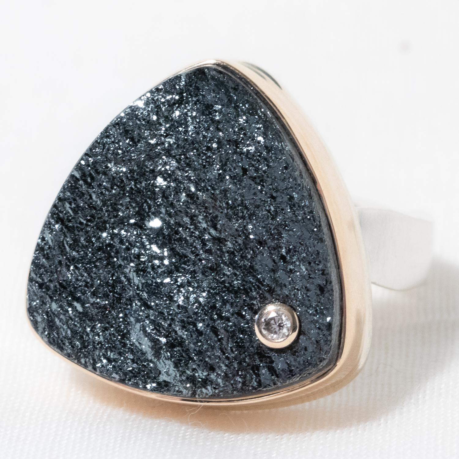 Jamie Joseph: Sterling & 14K Gold Ring w/ Triangular Surface Cut HEMATITE & .03 ct Diamond on Live Edge Band