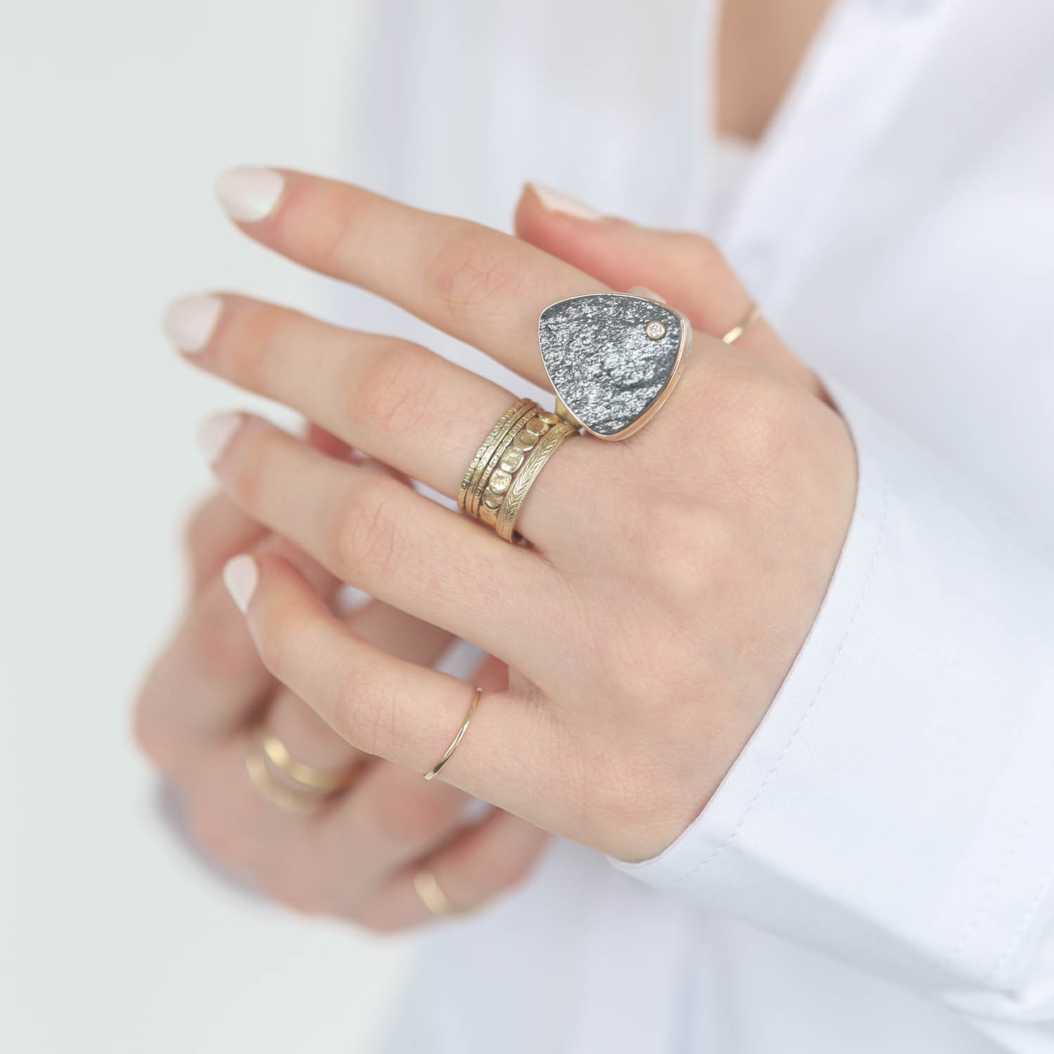 Jamie Joseph: Sterling & 14K Gold Ring w/ Triangular Surface Cut HEMATITE & .03 ct Diamond on Live Edge Band