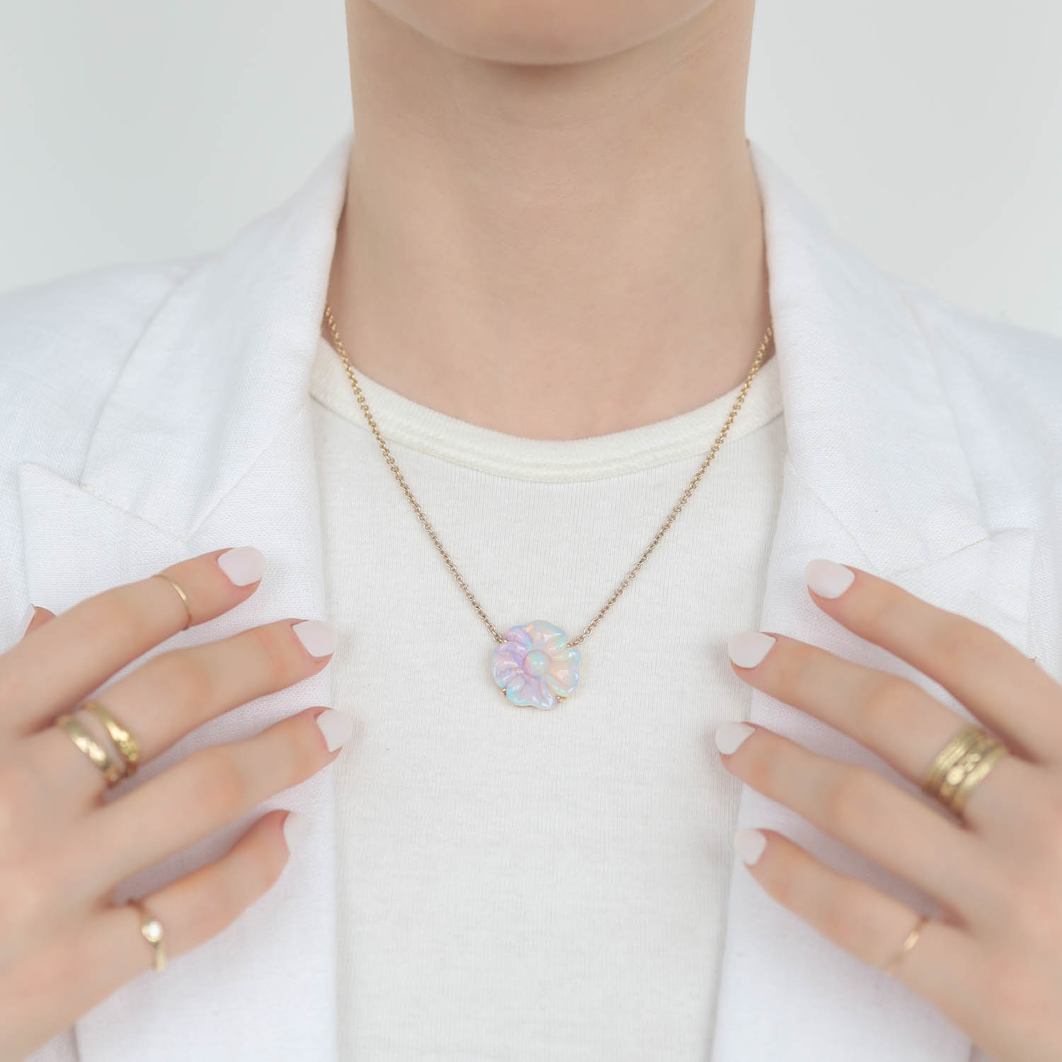 Jamie Joseph Trunk Show:14K Gold Necklace w/ Large Hand Carved AUSTRALIAN OPAL Flower in Multi Prongs (18")