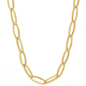 Ray Griffiths: 18k yellow gold elongated oval Crownwork link necklace with diamond set toggle (0.16cts)