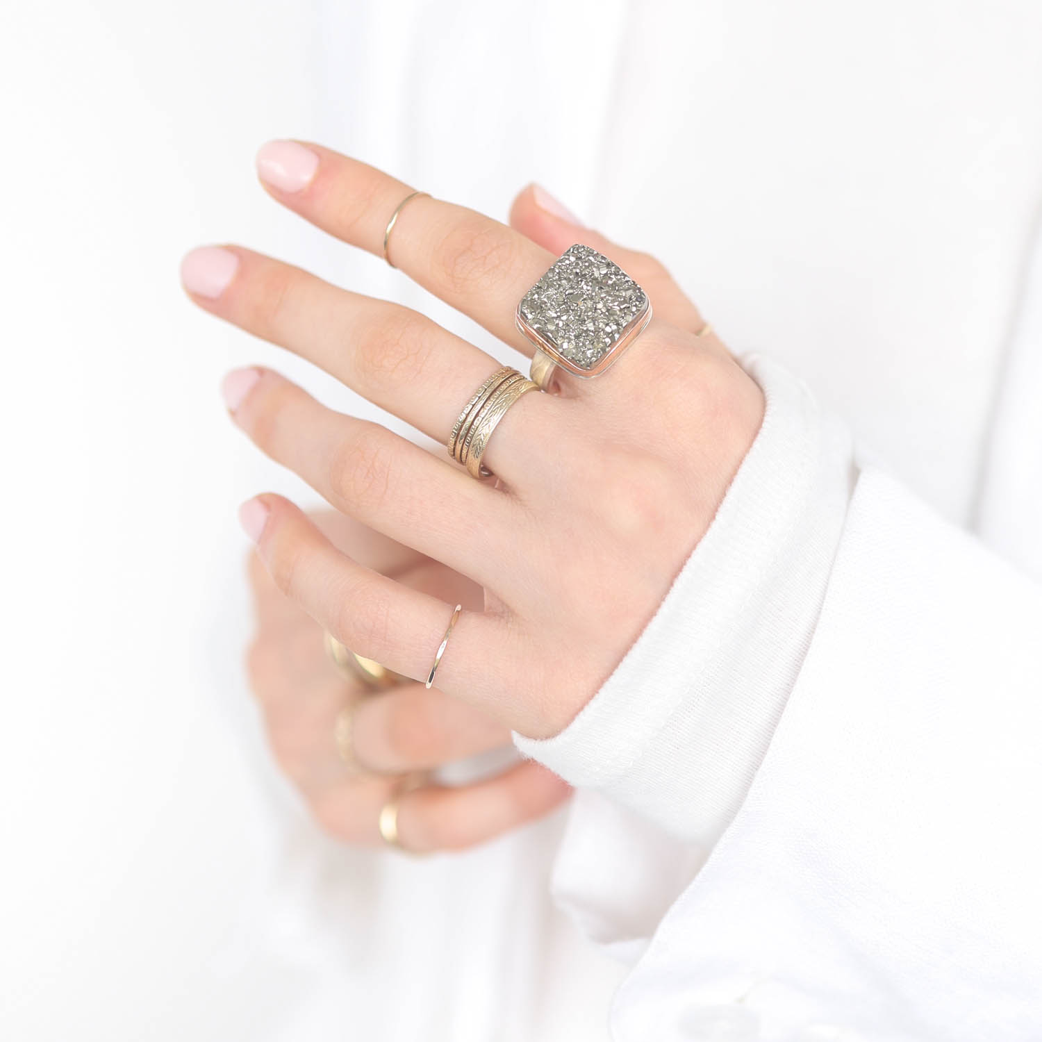 Jamie Joseph: Sterling & 14K Rose Gold Ring w/ Square Surface Cut PYRITE on Y Band