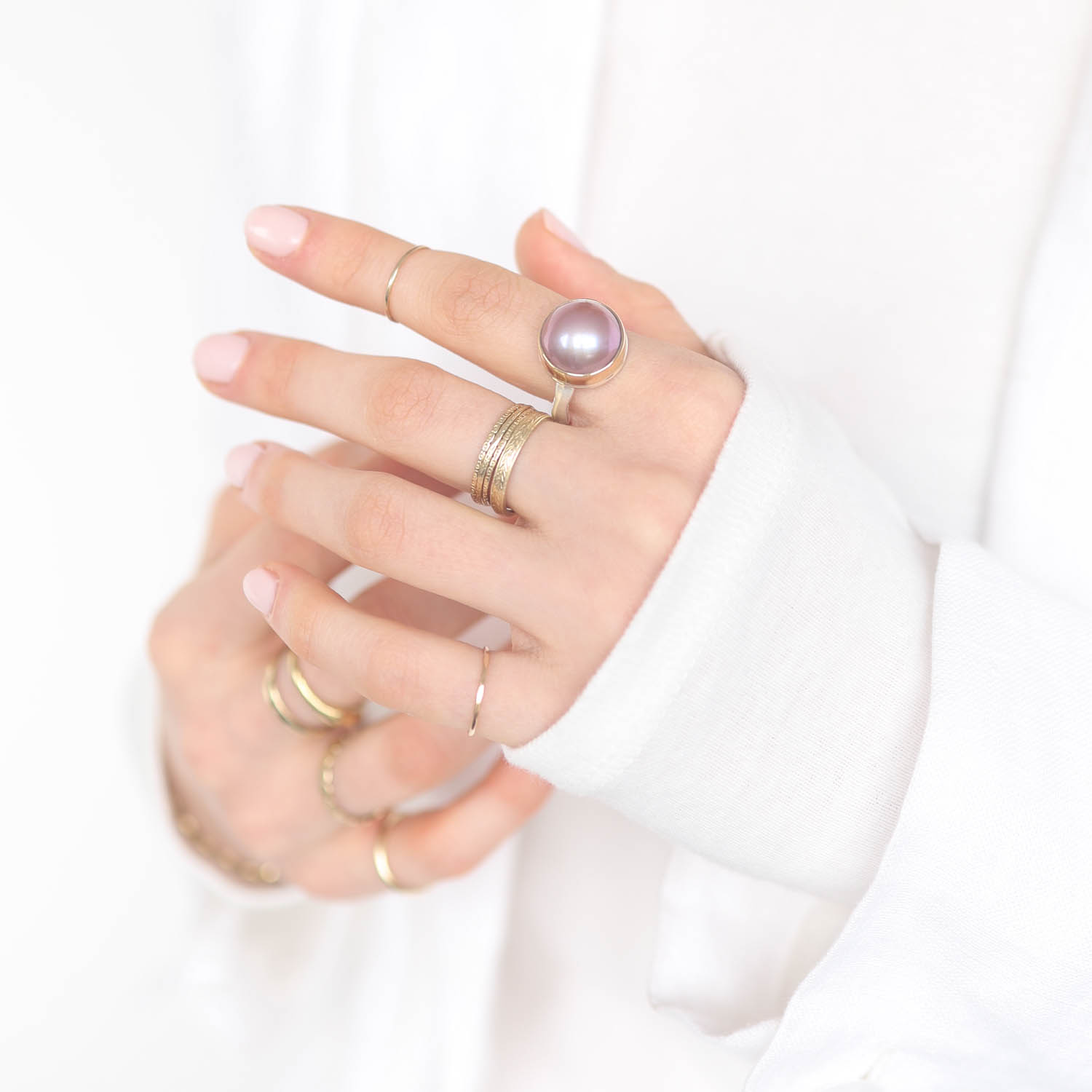 Jamie Joseph: Sterling & 14K Gold Ring w/ Small Round EDISON PINK PEARL on Eroded Live Edge Band, Size 7 1/2, 1/2" Diameter