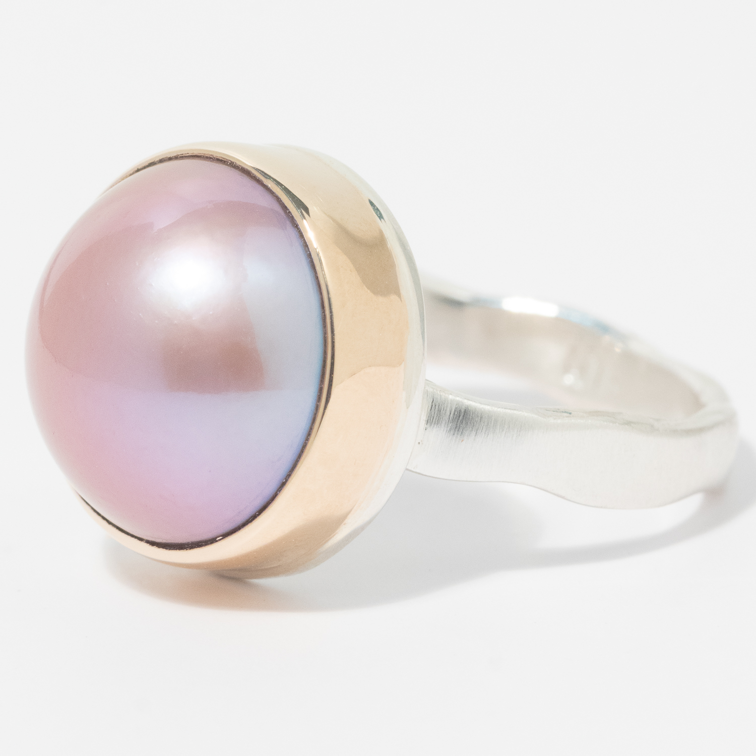 Jamie Joseph: Sterling & 14K Gold Ring w/ Small Round EDISON PINK PEARL on Eroded Live Edge Band, Size 7 1/2, 1/2" Diameter