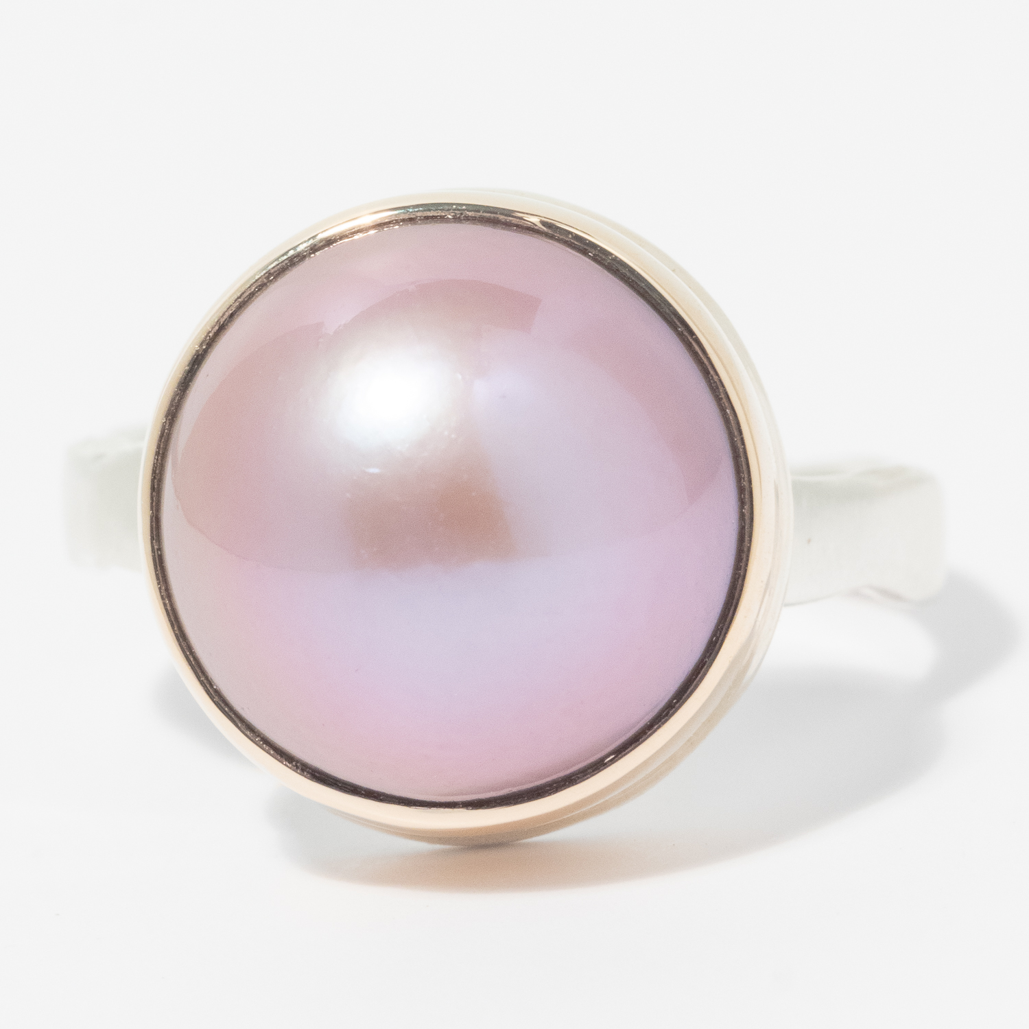 Jamie Joseph: Sterling & 14K Gold Ring w/ Small Round EDISON PINK PEARL on Eroded Live Edge Band, Size 7 1/2, 1/2" Diameter