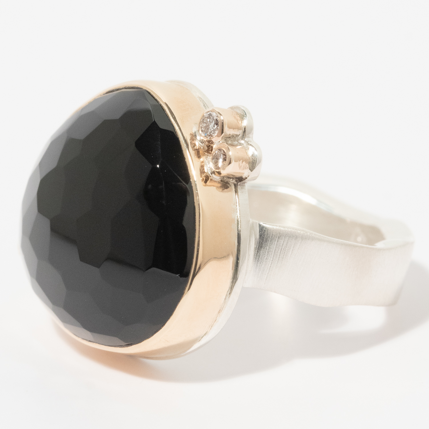 Jamie Joseph:Sterling & 14K Gold Ring w/Asymmetrical Hand Faceted BLACK ONYX & Triple Satellite Diamonds on Live Edge Band (0.08 TCW),sz 8.25,11/16 x 11/16