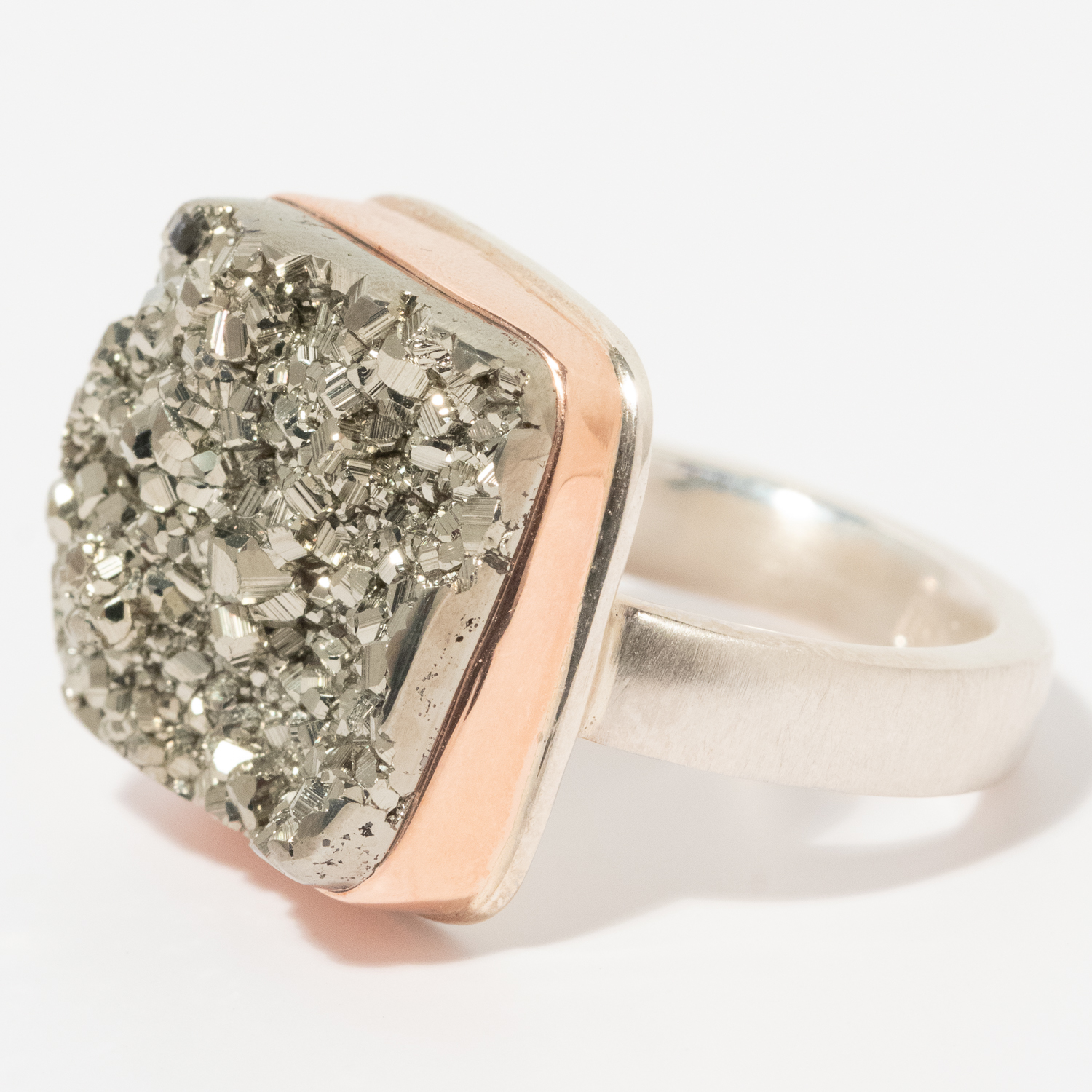 Jamie Joseph: Sterling & 14K Rose Gold Ring w/ Square Surface Cut PYRITE on Y Band