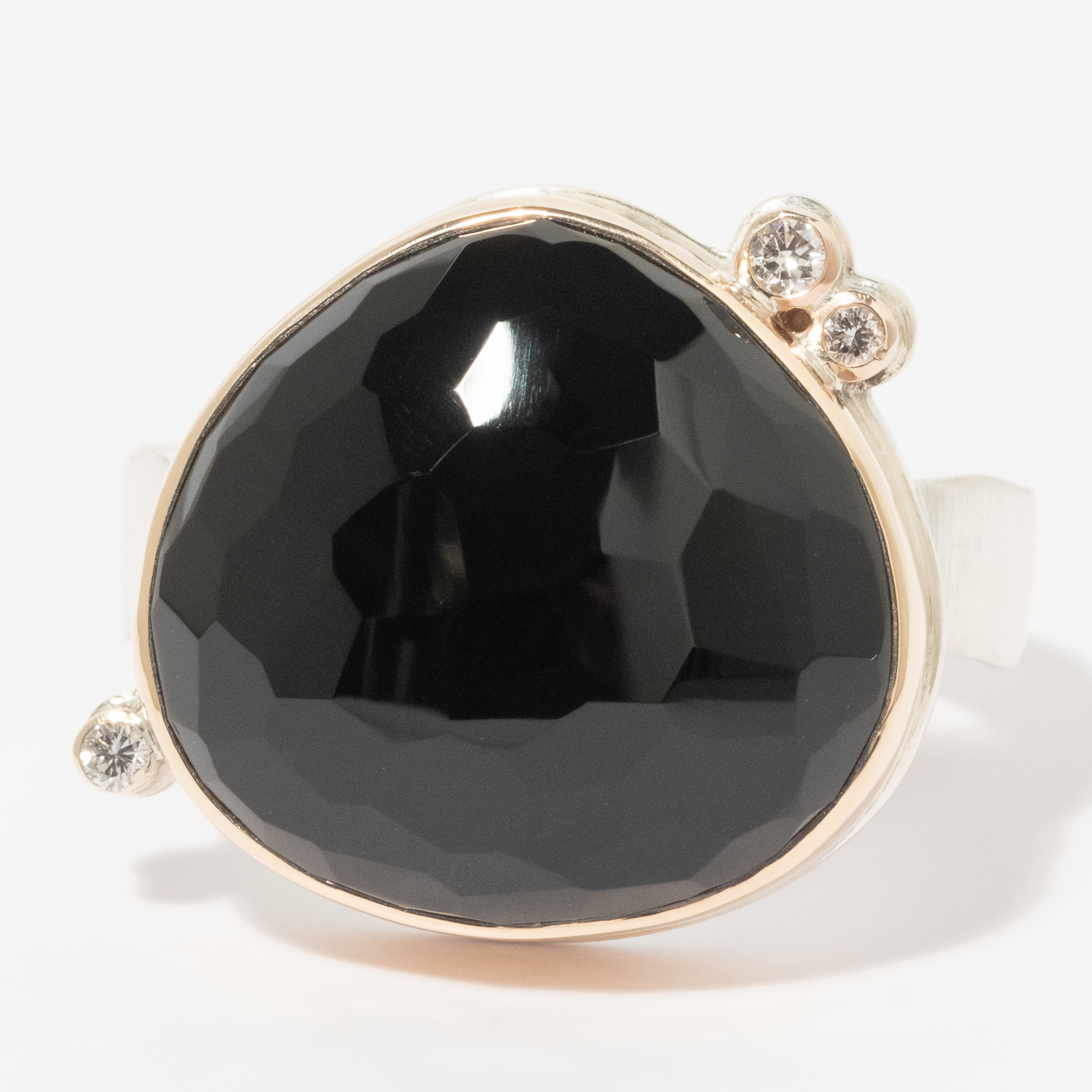 Jamie Joseph:Sterling & 14K Gold Ring w/Asymmetrical Hand Faceted BLACK ONYX & Triple Satellite Diamonds on Live Edge Band (0.08 TCW),sz 8.25,11/16 x 11/16