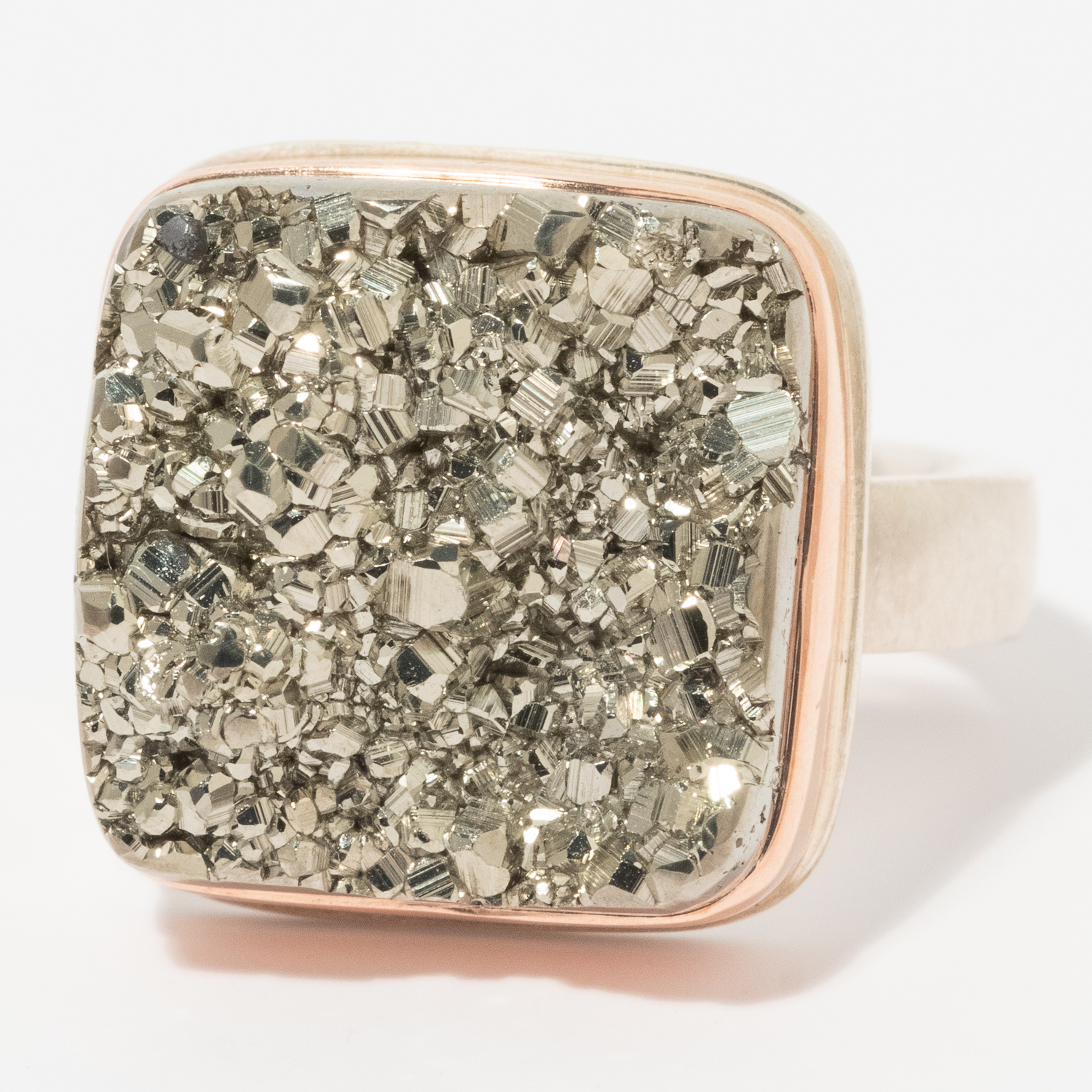 Jamie Joseph: Sterling & 14K Rose Gold Ring w/ Square Surface Cut PYRITE on Y Band