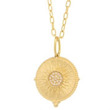 Erica Molinari Trunk Show: 14k large round Pave sun charm - "every moment is a new beginning,' - .0475cts, 1 1/8" x  3/4" including bail