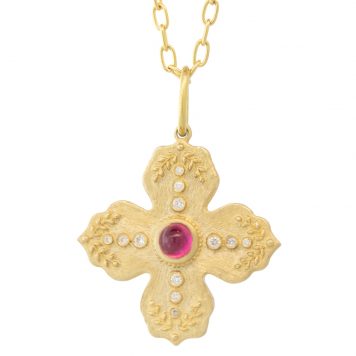 Erica Molinari Trunk Show: 14K 4 Point stone & diamond Ruby charm-.112ts ,'Live, Life, Love', 1 1/4" x 15/16" including bail