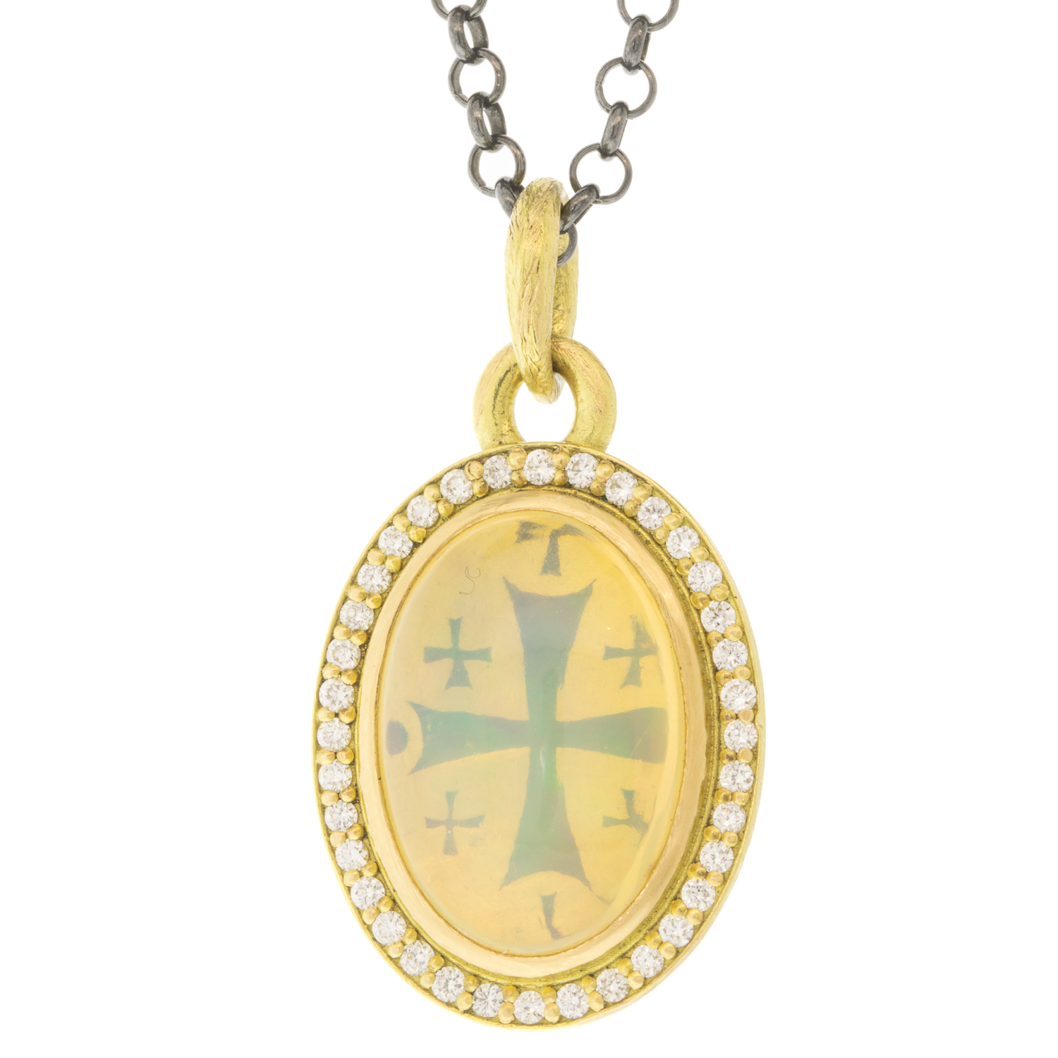 Erica Molinari Trunk Show: 18k Ethiopian opal with black vitreous enamel crosses-"Family, where life begins & love never ends"-.36cts