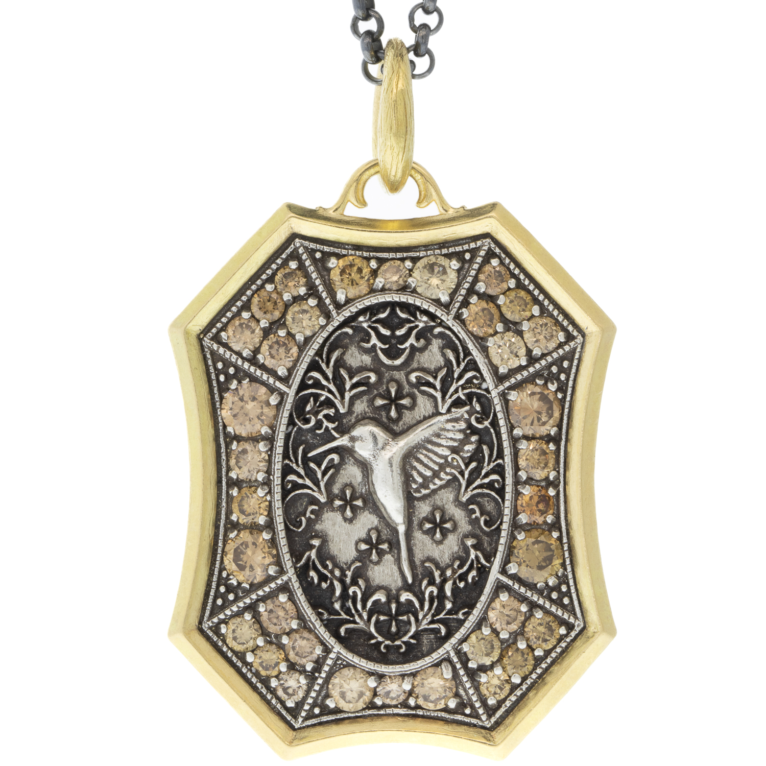 Erica Molinari Trunk Show: ss/18k large floral hummingbird-champagne-"She flies with her own wings"-1.46cts