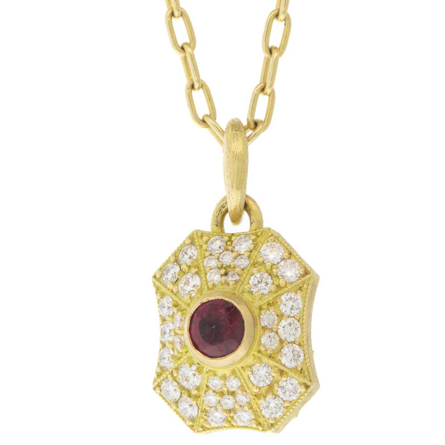 Erica Molinari Trunk Show: 18k white diamond Medium pillow w/ruby-1.59cts-hummingbird & vines