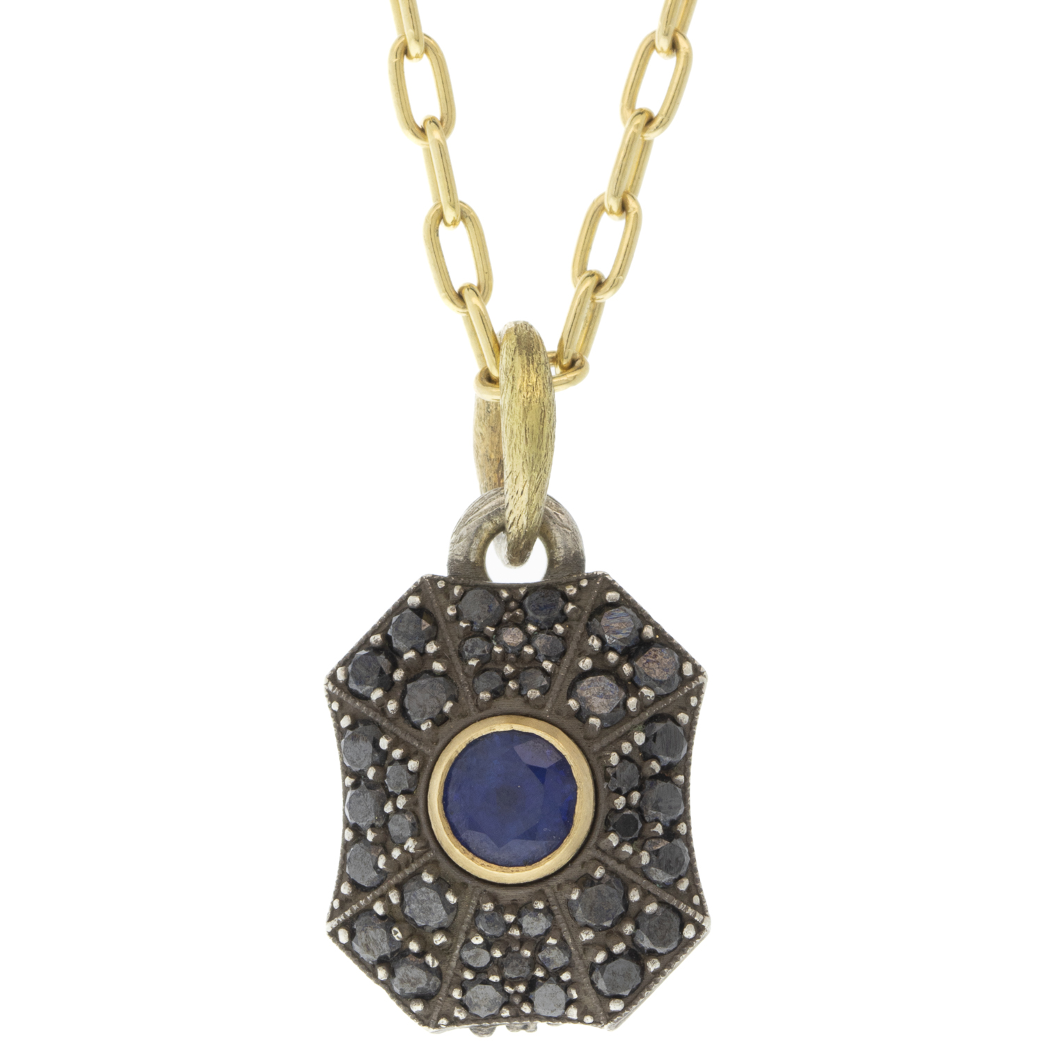 Erica Molinari Trunk Show: ss Medium Black diamond pillow w/blue sapphire center-1.59cts-Tree of life