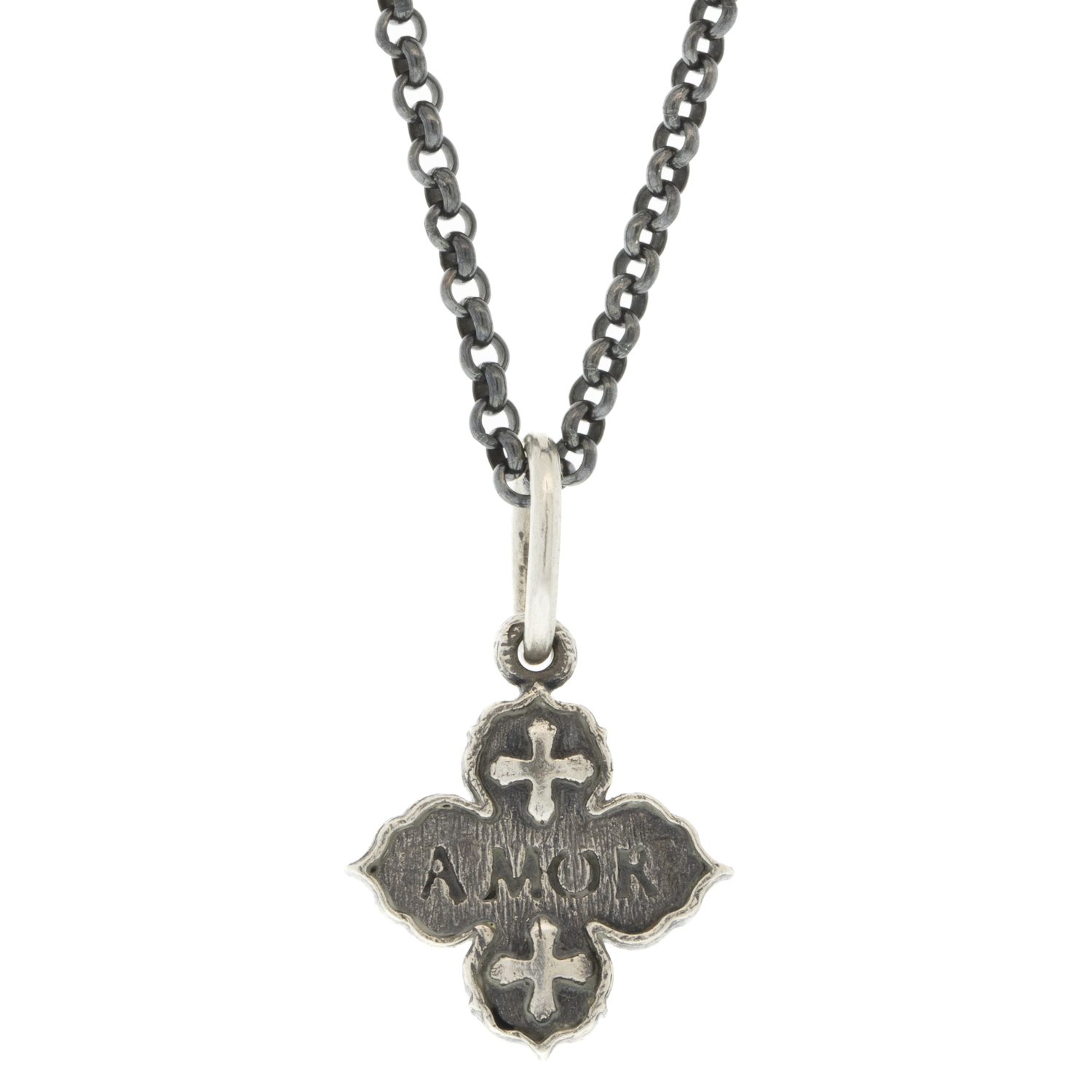 Erica Molinari Trunk Show: ss tiny Latin 4 point ornate diamond cross-"Love"-.09cts