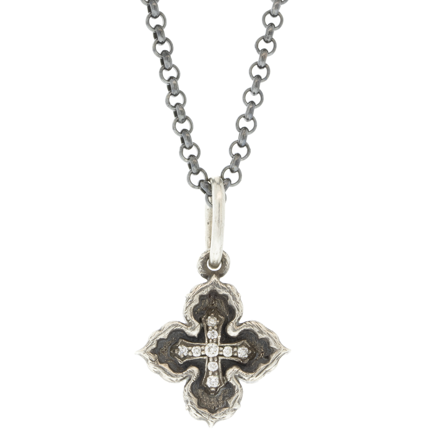 Erica Molinari Trunk Show: ss tiny Latin 4 point ornate diamond cross-"Love"-.09cts