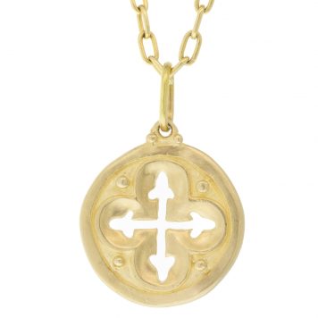Erica Molinari Trunk Show: Charm, Round Rimmed Quatrefoil Cutout, 14K gold, Diamonds, .26 TCW, Measures 1 1/8 x 13/16 including bail
