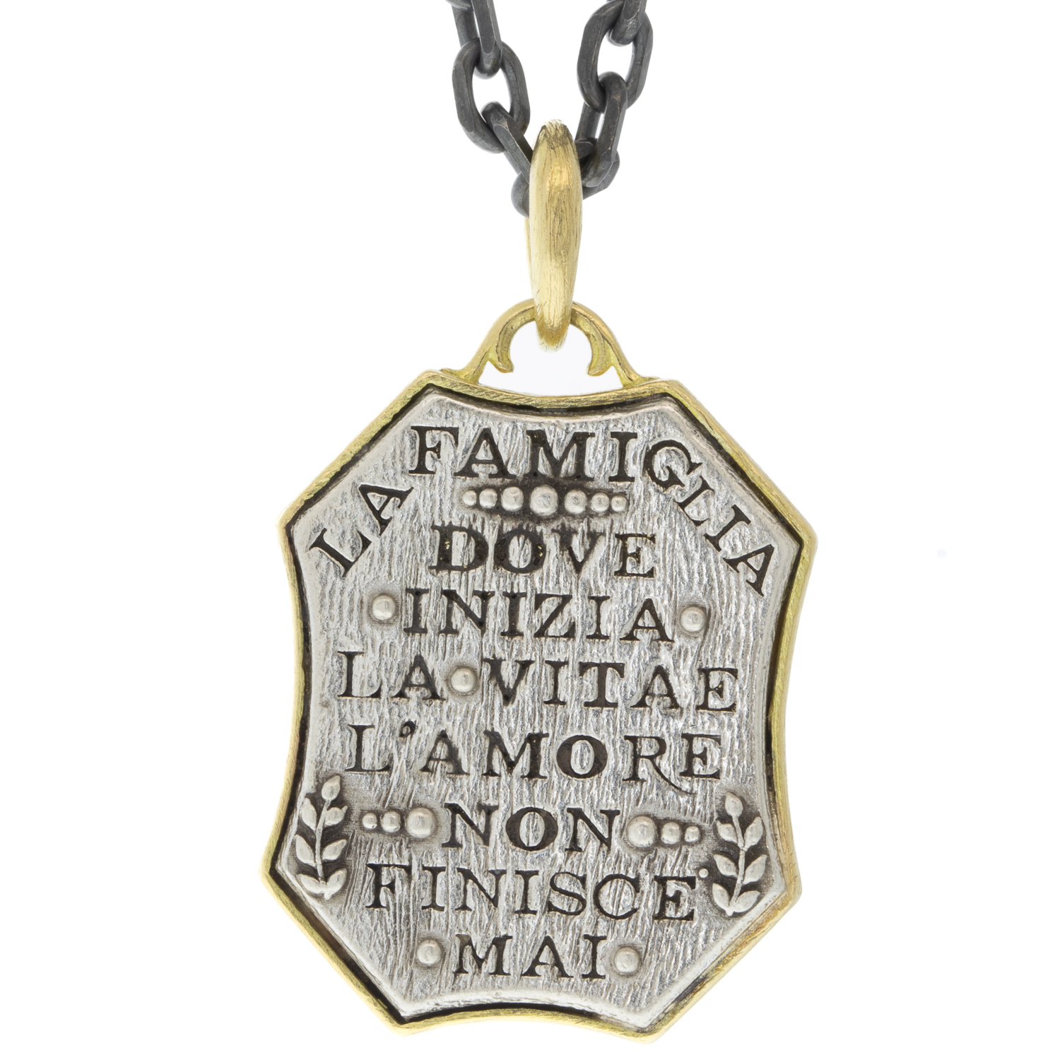 Erica Molinari Trunk Show: Charm, Small Pave White Diamonds Tree of Life Shield, "Family Where Life Begins and Love Never Ends", Sterling silver, 18K gold, Diamonds, .39 TCW, Measures 1 1/4 x 11/16 including bail