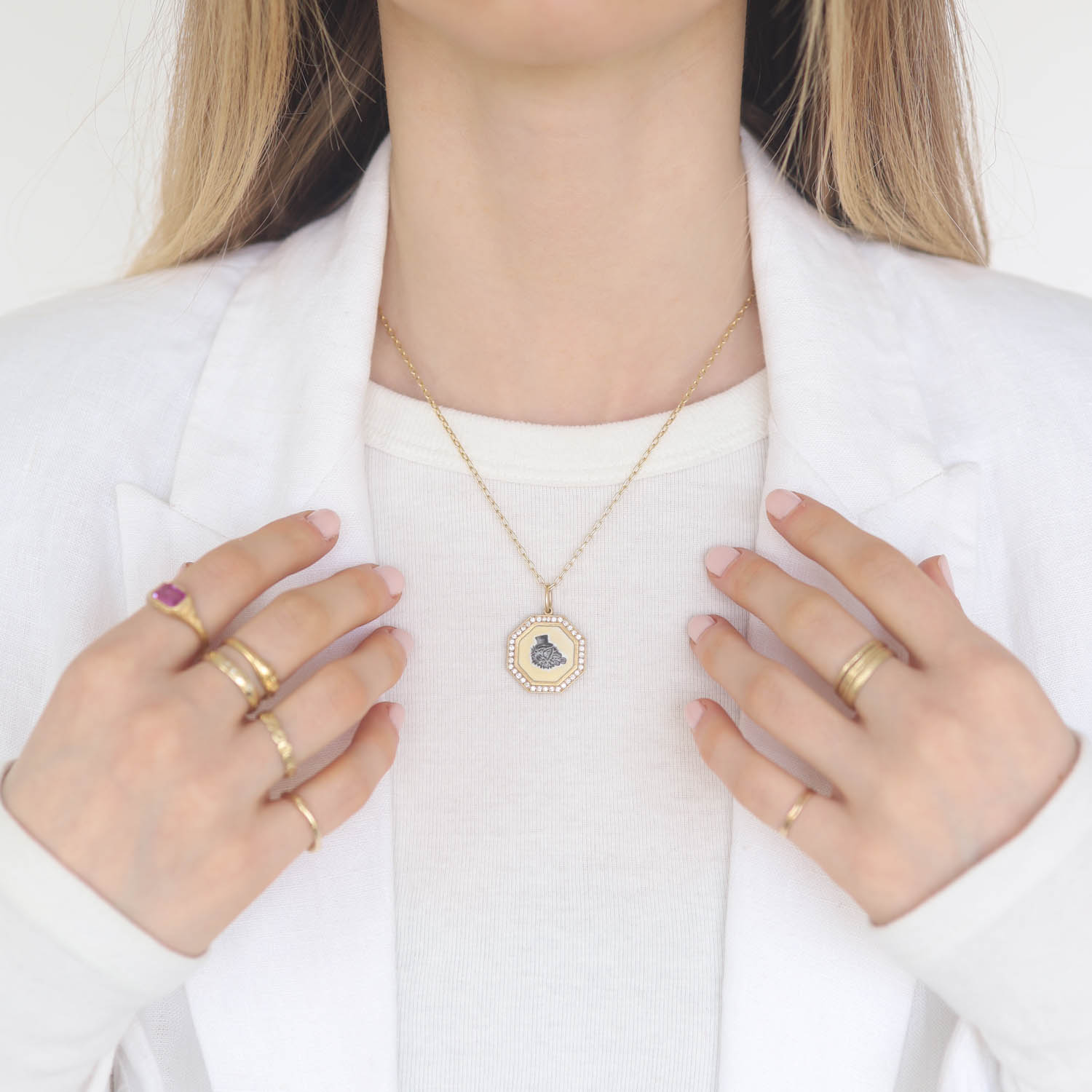 Erica Molinari Trunk Show: 18k small octagon HAND PAINTED Vitreous enamel Luster Blowfish with full diamond pave frame -.47cts, 1 3/16" x 7/8" including bail