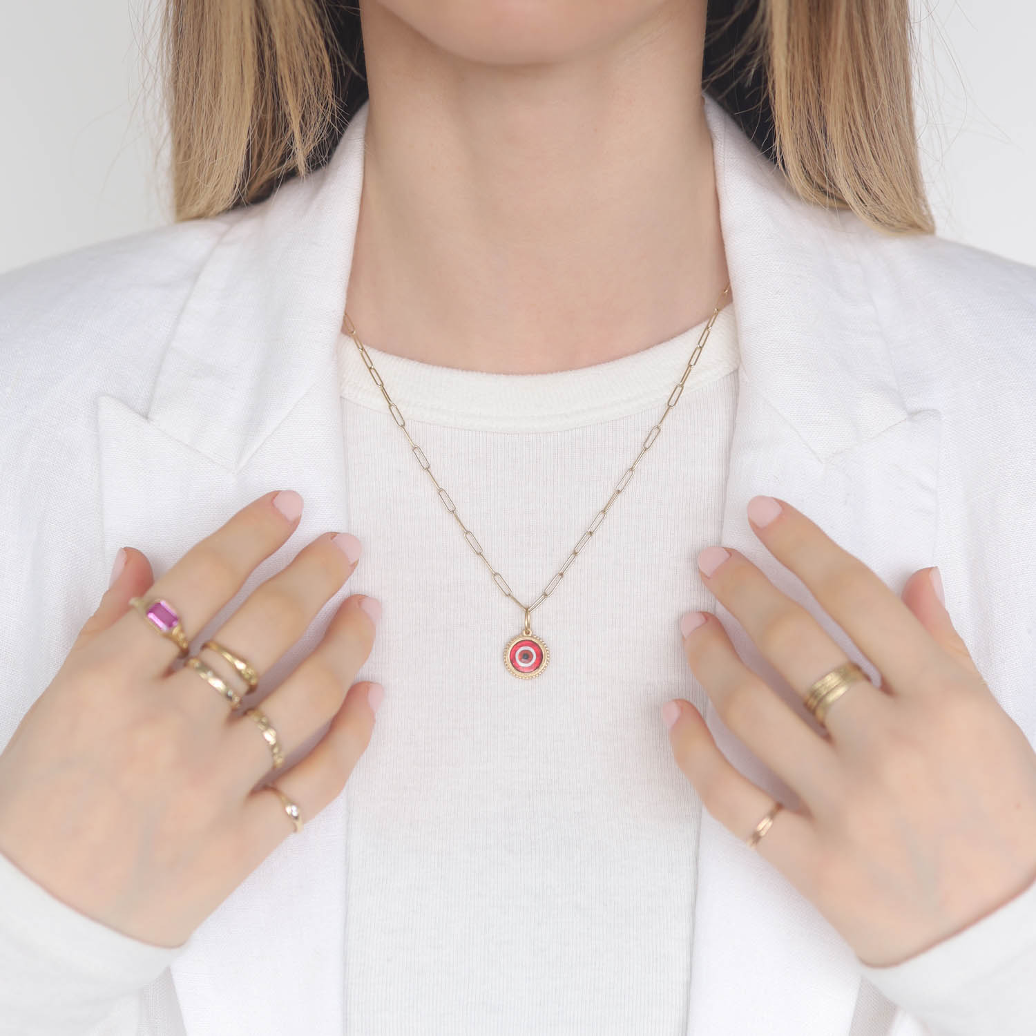 Erica Molinari Trunk Show: 18k baby round Silver foil HAND PAINTED Vitreous enamel evil eye set with triple diamond granule frame- .03cts Red