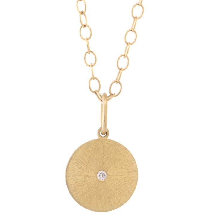 Erica Molinari Trunk Show: Charm,14k Radiating finish round,diamond center,.025cts PEACE, 7/8" x 9/16" including bail