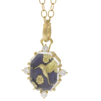 Erica Molinari Trunk Show: 18K Diamond Vitreous Enamel Hummingbird & flowers set with White Sapphire watch crystal- .24cts Blue, 1 3/16" x 11/16" including bail