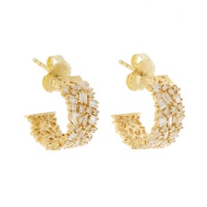 Suzanne Kalan: 18K YG mini thick hoop, .6ct white baguette diamond, .4ct round white diamond on firework setting