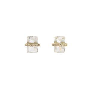 Melissa Joy Manning: 14k micropave diamond emerald cut bezel wrapped white topaz stud earrings, PAIR, 1/4" x 3/16"