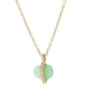 Melissa Joy Manning: Large 14k micropave diamond bezel Wrapped Charm necklace, Chrysoprase, 14-16", 3/8" x 5/16" including bail
