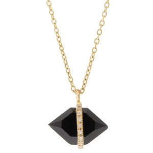 Melissa Joy Manning: Large 14k micropave diamond bezel wrapped herkimer cut necklace, Onyx , 14-16", 7/16" x 7/16" including bail