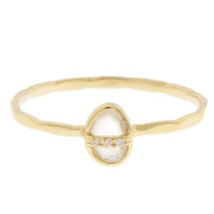 Melissa Joy Manning: Small 14k micropave diamond bezel wrapped ring, rainbow moonstone, 6.5, 1/4" x 3/16" including bezel