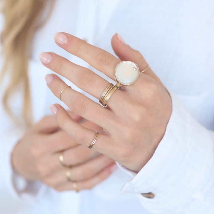 Jamie Joseph: Sterling & 14K Gold Ring w/Asymmetrical Smooth White Mother of Pearl & .03 Pt Diamond on Comfort Y Band, Size 7, 11/16" x 11/16"