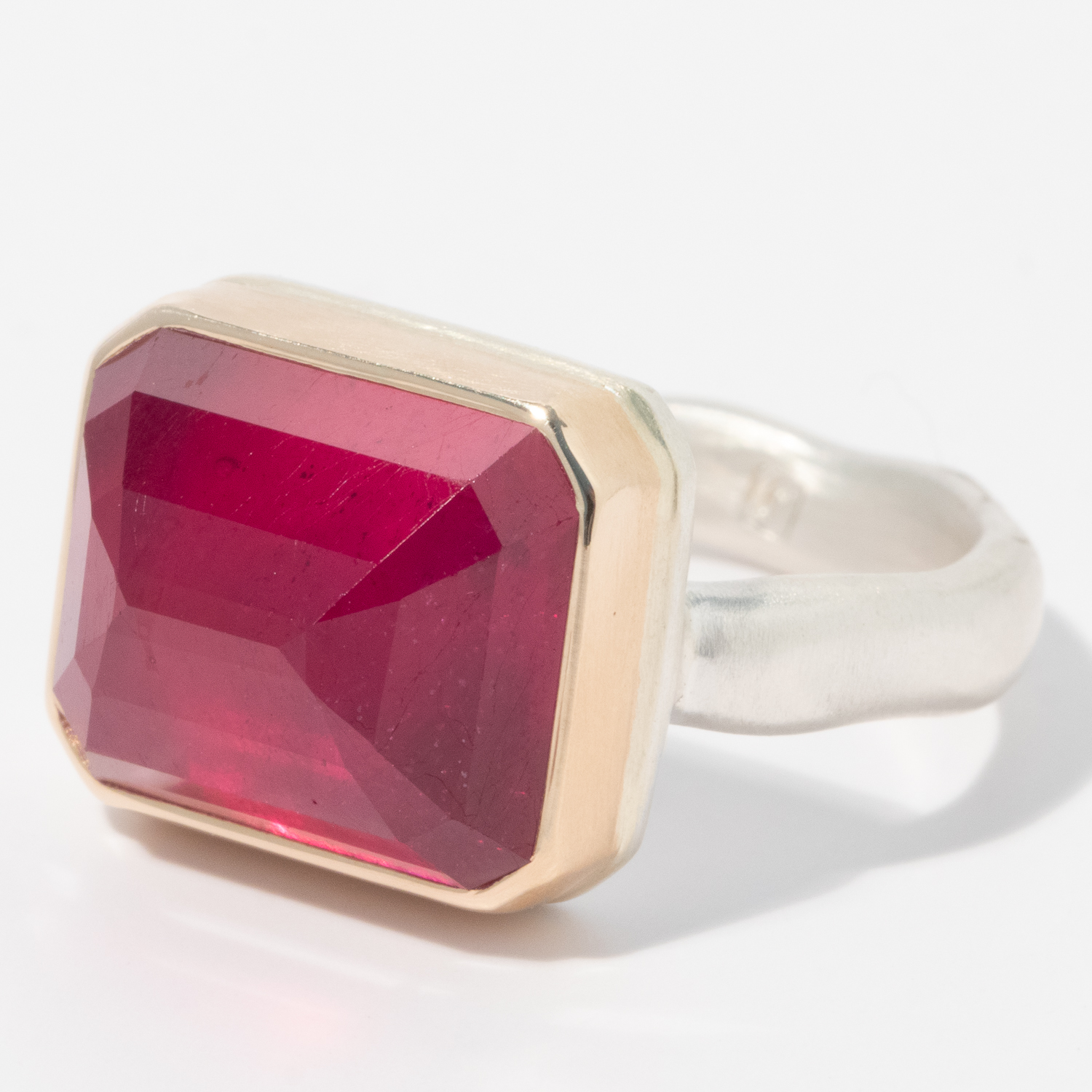 Jamie Joseph: Sterling & 14K gold Ring w/Rectangular Inverted African Ruby on Y Band, size 7.25, measures 7/16" x 9/16"