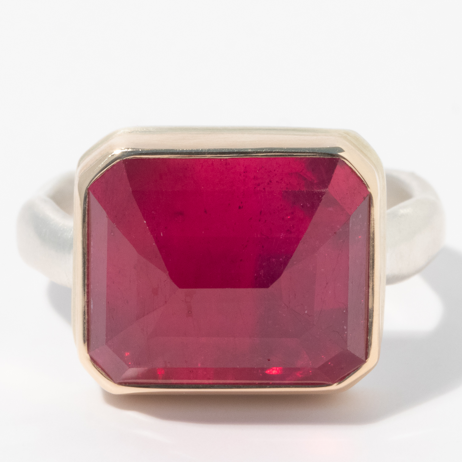 Jamie Joseph: Sterling & 14K gold Ring w/Rectangular Inverted African Ruby on Y Band, size 7.25, measures 7/16" x 9/16"