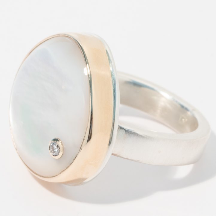 Jamie Joseph: Sterling & 14K Gold Ring w/Asymmetrical Smooth White Mother of Pearl & .03 Pt Diamond on Comfort Y Band, Size 7, 11/16" x 11/16"
