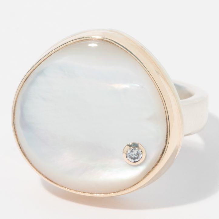 Jamie Joseph: Sterling & 14K Gold Ring w/Asymmetrical Smooth White Mother of Pearl & .03 Pt Diamond on Comfort Y Band, Size 7, 11/16" x 11/16"