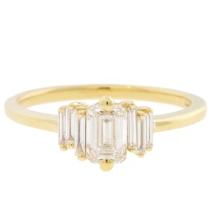 Suzanne Kalan: Ring 18K Yellow Gold OAK .16 tcw white diamond Baguette, .50 White Diamond Center Total stones 5 size 5.5