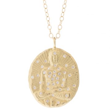 Victoria Cunningham:14k buddha and diamond splash .25 TCW, Chain measures 18 1/2", Pendant measures 1" x 3/4" including bail