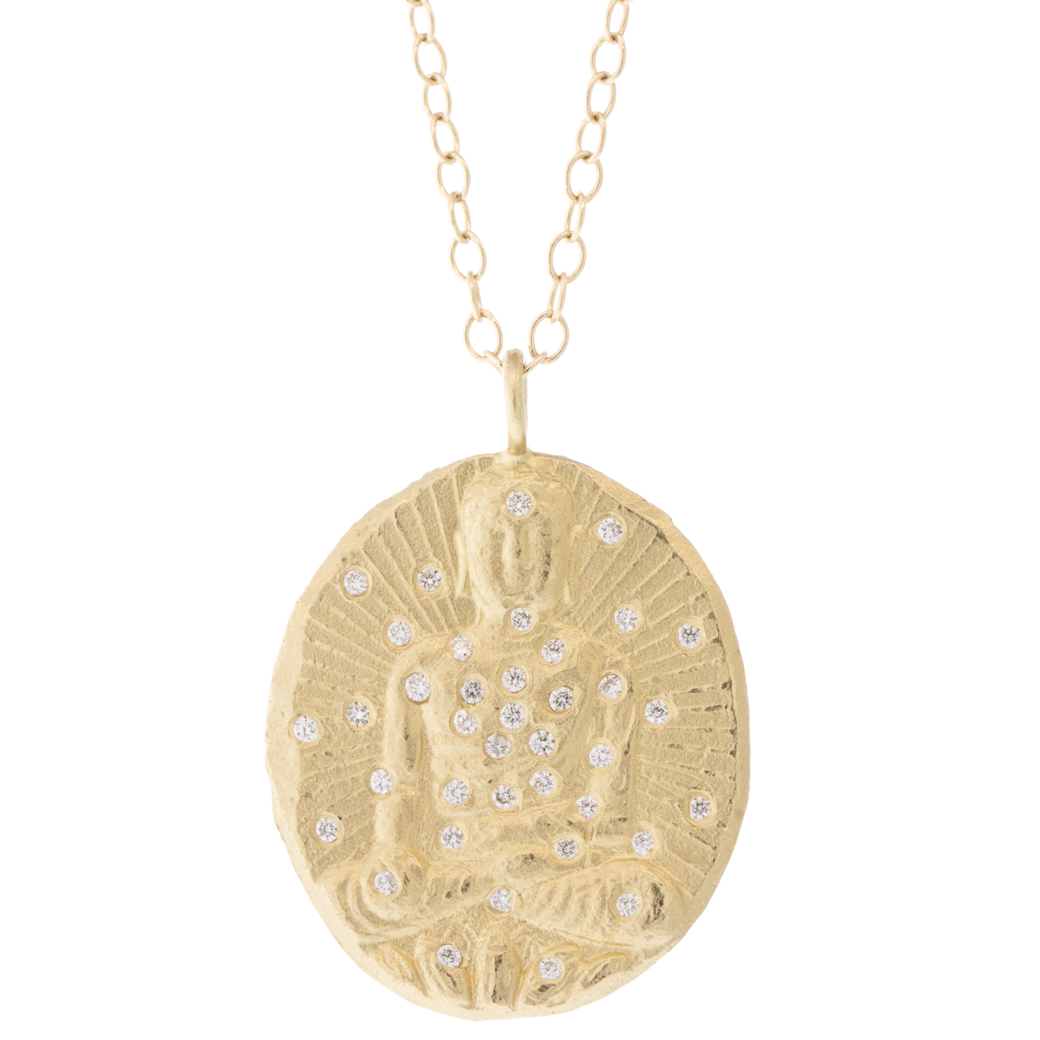 Victoria Cunningham:14k buddha and diamond splash .25 TCW, Chain measures 18 1/2", Pendant measures 1" x 3/4" including bail